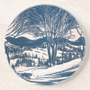 Vintage Christmas, Winter Snow Mountain Landscape Coaster