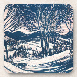 Vintage Christmas, Winter Snow Mountain Landscape Coaster