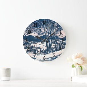 Vintage Christmas, Winter Snow Mountain Landscape Large Clock