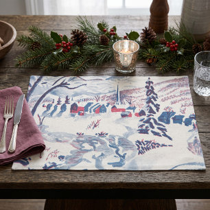Vintage Christmas, Winter Village Snowscape Snow Cloth Placemat
