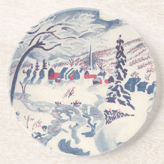 Vintage Christmas, Winter Village Snowscape Snow Drink Coaster (Front)