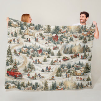 Vintage Christmas Winter Wonderland Fleece Blanket
