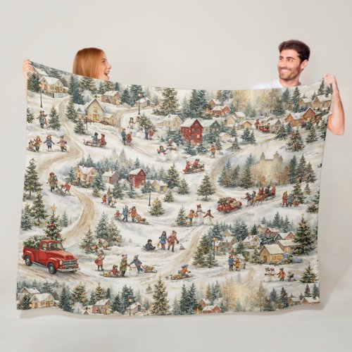 Vintage Christmas Winter Wonderland Fleece Blanket