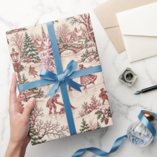 .Vintage Christmas Winter Wonderland Ice Skating Wrapping Paper