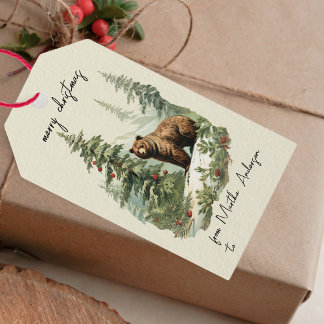 Vintage Christmas Winter Woodland Bear Name Gift Tags