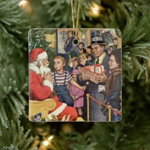 Vintage Christmas Wish, Boy on Santa Claus Lap Ceramic Ornament