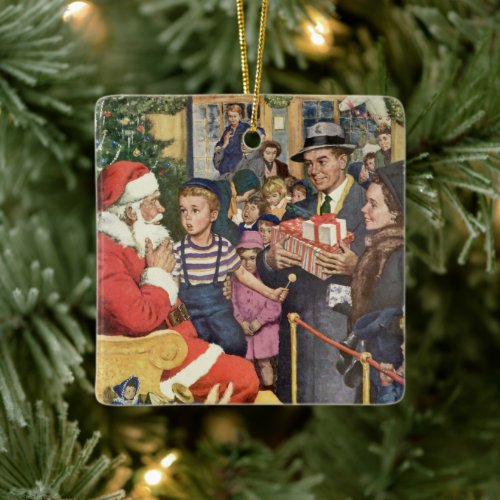 Vintage Christmas Wish Boy on Santa Claus Lap Ceramic Ornament