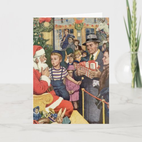Vintage Christmas Wish Boy on Santa Claus Lap Holiday Card