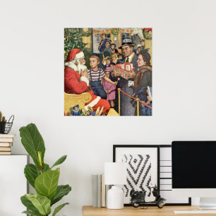 Vintage Christmas Wish, Boy on Santa Claus Lap Poster