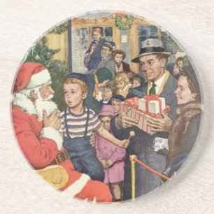 Vintage Christmas Wish, Boy on Santa Claus Lap Sandstone Coaster