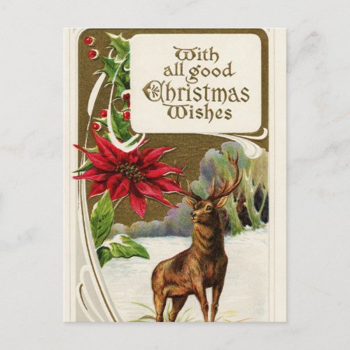 Vintage Christmas Wish Deer Holiday Postcard
