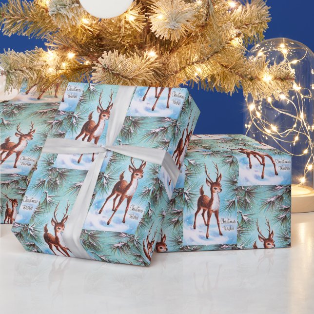 Vintage Christmas Wishes Deer Wrapping Paper (Holidays)