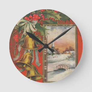 Vintage Christmas with Bells Round Clock