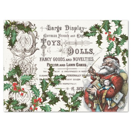 VINTAGE CHRISTMAS WITH OLD TIME SANTA AND HOLLY TISSUE PAPER