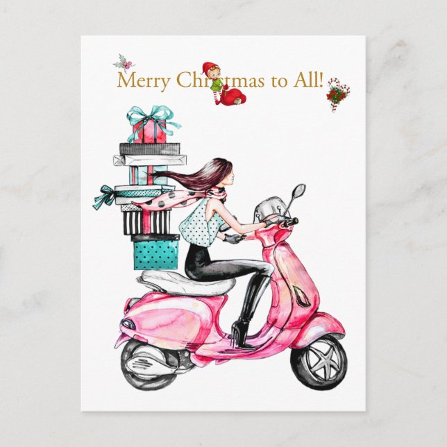 Vintage Christmas woman on a pink scooter Postcard (Front)