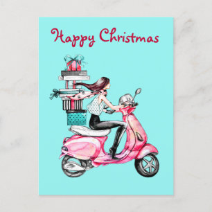 Vintage Christmas woman on a pink scooter Postcard