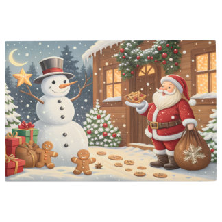 Vintage Christmas Wonderland: Snowman, Santa Metal Print