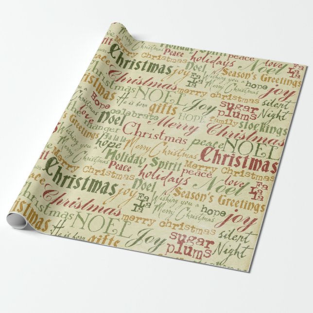 Vintage Christmas Word Art Wrapping Paper (Unrolled)