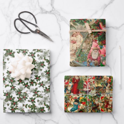 Vintage Christmas wrapping paper trio
