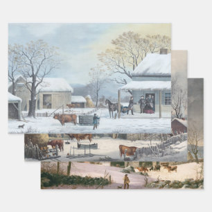Vintage Christmas Wrapping Paper WINTER FARMYARD