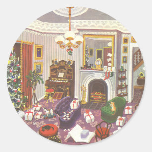 Vintage Christmas Wrapping Presents in Living Room Classic Round Sticker