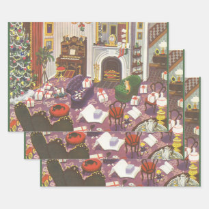 Vintage Christmas Wrapping Presents in Living Room Wrapping Paper Sheets