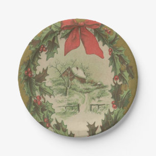 Vintage Christmas Wreath and Winter Cabin Paper Plates