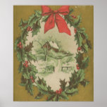 Vintage Christmas Wreath and Winter Cabin Poster<br><div class="desc">This is a vintage illustration of a Christmas wreath and a winter cabin.</div>