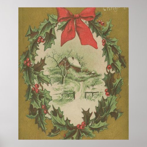 Vintage Christmas Wreath and Winter Cabin Poster