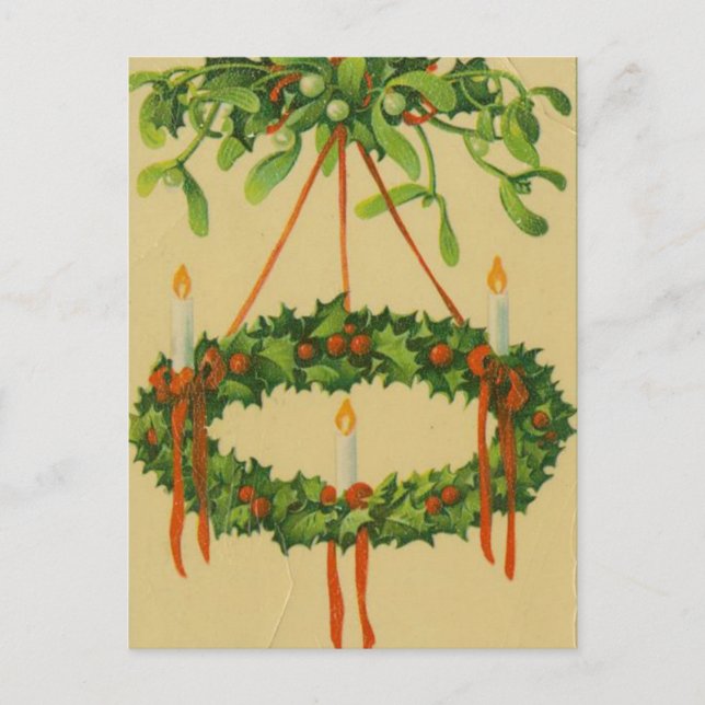Vintage Christmas Wreath Chandelier Holiday Postcard (Front)