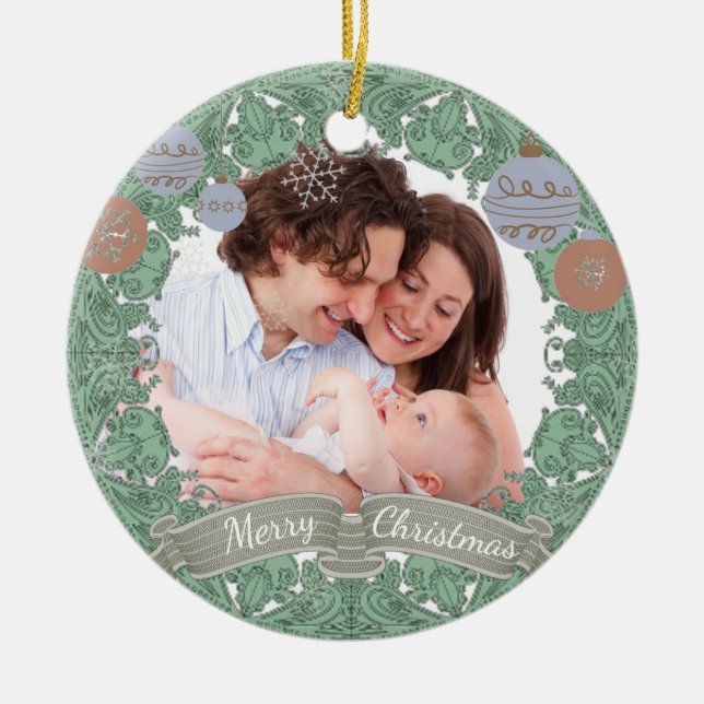 Vintage Christmas Wreath Custom Photo Ceramic Ornament (Front)