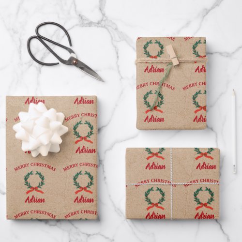 Vintage Christmas Wreath Holiday Custom Name Kraft Wrapping Paper Sheets