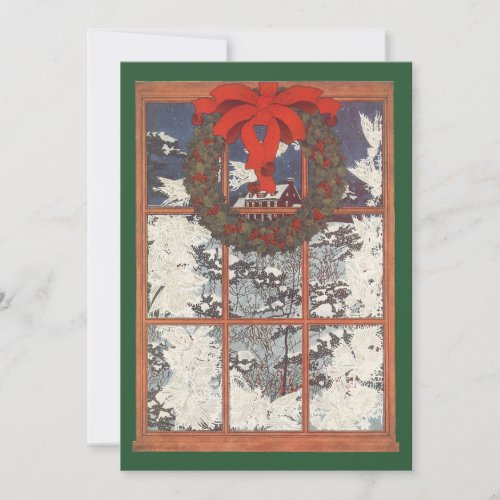 Vintage Christmas Wreath in a Window with Snow Holiday Card