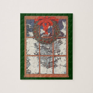 Vintage Christmas Wreath in a Window with Snow Jigsaw Puzzle