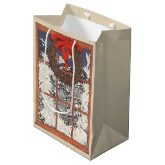 Vintage Christmas Wreath in a Window with Snow Medium Gift Bag