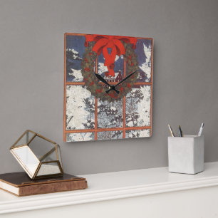 Vintage Christmas Wreath in a Window with Snow Square Wall Clock