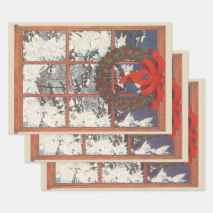 Vintage Christmas Wreath in a Window with Snow Wrapping Paper Sheets