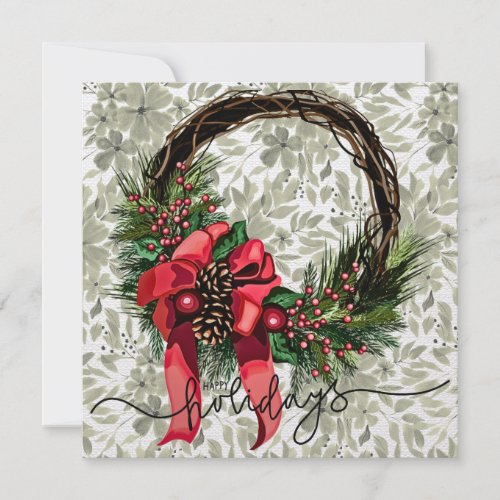 Vintage Christmas Wreath Linen Texture Florals Holiday Card