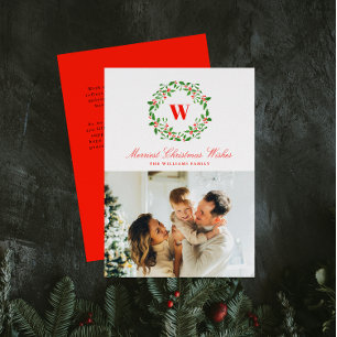 Vintage Christmas Wreath Monogram Photo Holiday Card