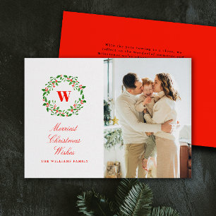 Vintage Christmas Wreath Monogram Portrait Photo Holiday Card