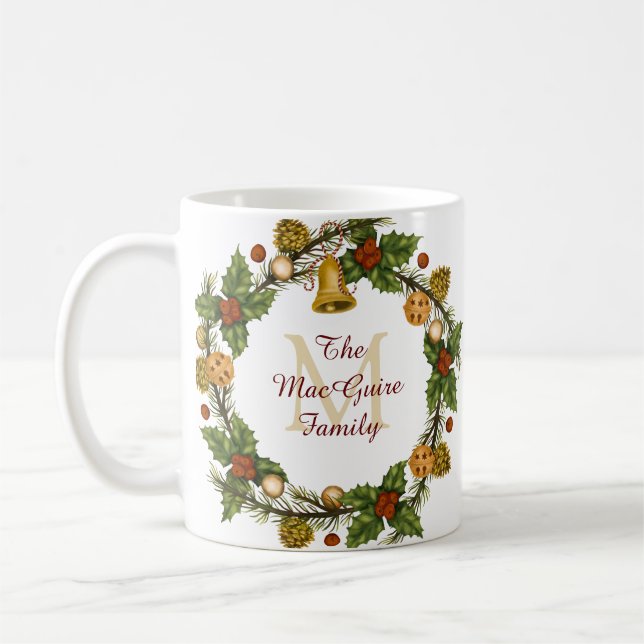 Vintage Christmas Wreath Monogrammed Coffee Mug (Left)