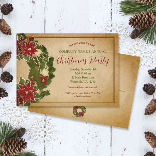 Vintage Christmas Wreath on Parchment Party Invitation