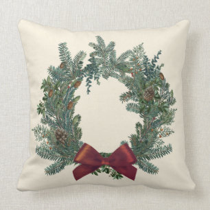 Vintage Christmas Wreath Red Bow Red Pillow