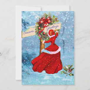 Vintage Christmas wreath red glitter girl holiday