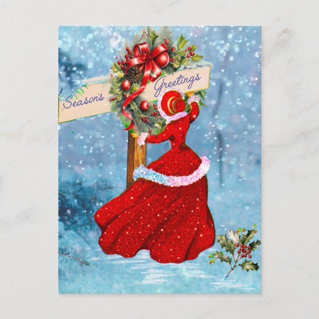 Vintage Christmas wreath red glitter girl snow Postcard (Front)