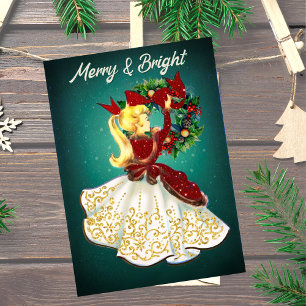 Vintage Christmas wreath red gold glitter girl Holiday Card