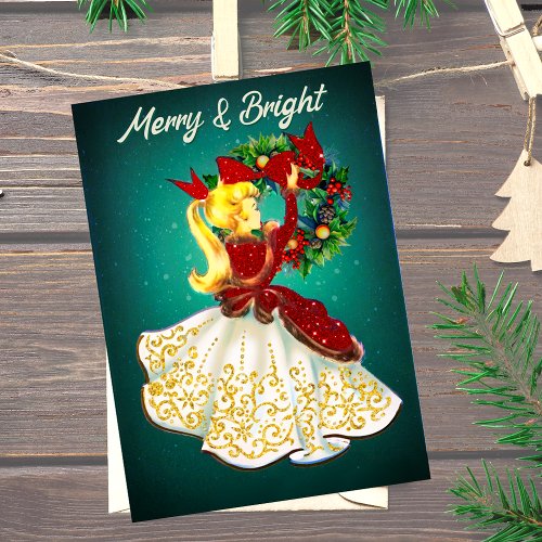 Vintage Christmas wreath red gold glitter girl  Invitation