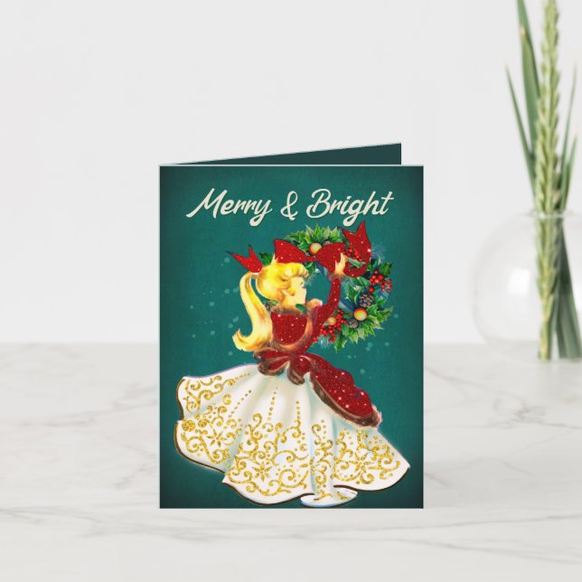 Vintage Christmas wreath red gold glitter girl  Invitation (Front)