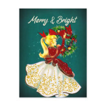 Vintage Christmas wreath red gold glitter girl  Postcard