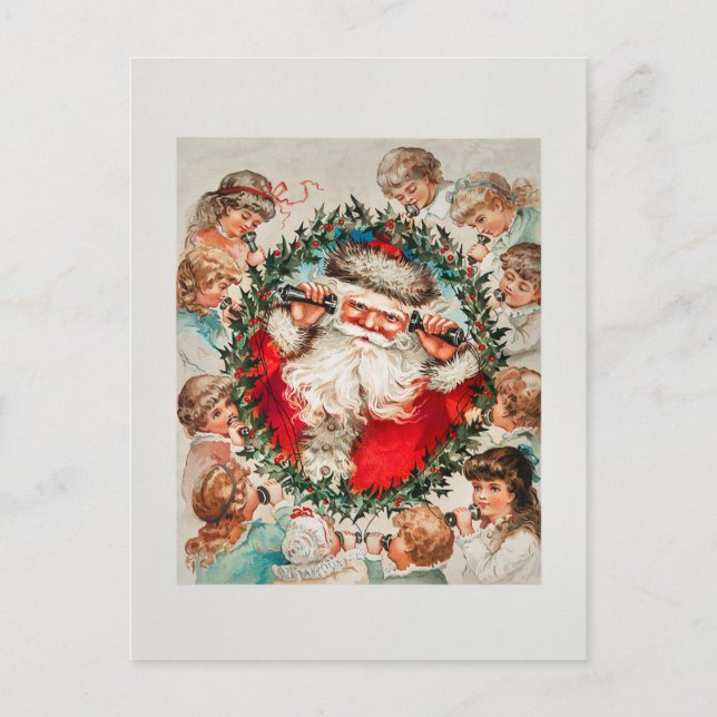 Vintage Christmas Wreath Santa Telephone Postcard (Front)
